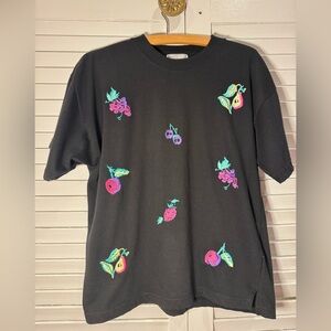 Gina Peters Fruit Embroidered Tee Black Cottagecore Retro Medium